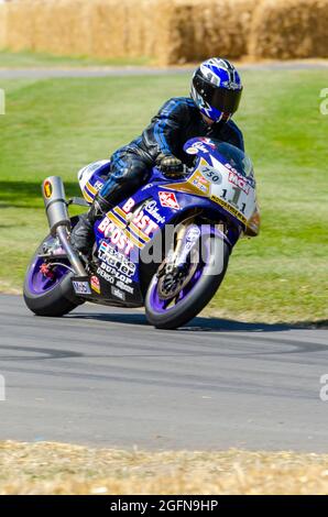 La moto Superbike Yamaha YZF750 Cadbury Boost 1996 de Niall MacKenzie, qui monte sur la piste d'ascension de la colline lors de l'événement 2014 du Goodwood Festival of Speed Banque D'Images