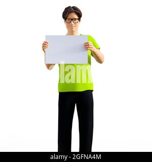 Le rendu 3d isolé illustre un adolescent étudiant en t-shirt vert et des lunettes debout et tenant le panneau blanc sur fond blanc. Banque D'Images