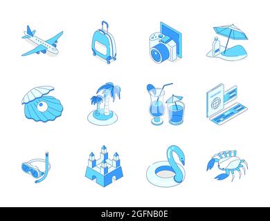 Vacances d'été - moderne ligne design style icônes ensemble. Tout ce dont vous avez besoin pour envoyer dans des pays chauds et passer un excellent moment. Bagages, avion, île, bouée de sauvetage, Illustration de Vecteur