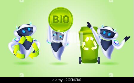set robots avec déchets de recyclage symbole vert flèches logo intelligence artificielle sauver planète protection de l'environnement Illustration de Vecteur