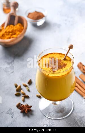 Latte au lait doré au curcuma avec bâtonnets de cannelle et miel. Boisson ayurvédique saine. Boisson asiatique de détente naturelle et tendance avec épices pour les végétaliens. Copie s Banque D'Images