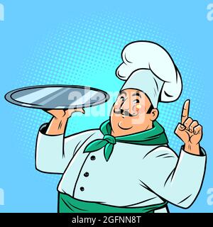 un chef dans un restaurant avec un plateau pour la nourriture. Un professionnel au travail Illustration de Vecteur