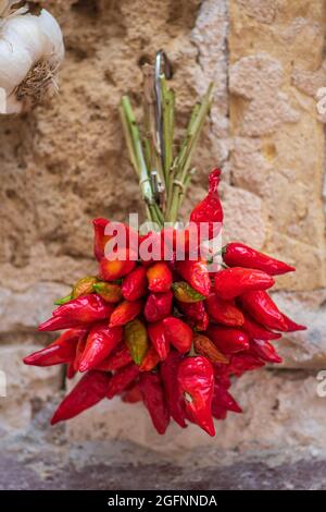 Bouquet de piments forts suspendus sur un mur de pierre dans un marché de la rue, vertical Banque D'Images