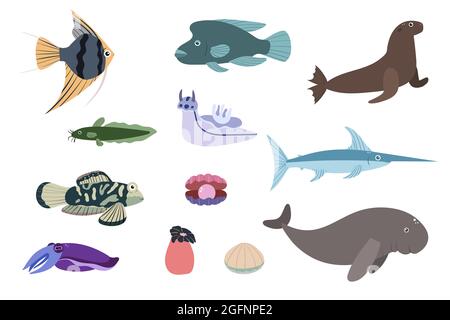 Ensemble d'animaux de mer - angelfish dugon poisson-chat seiches espadon. Imprimé habitants du monde sous-marin. Collection de vie sous-marine dessinées à la main. Drôle de dessin animé animaux marins personnage pour enfant. Illustration de Vecteur