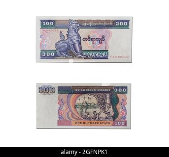 Myanmar cent billets Kyat isolés sur fond blanc Banque D'Images