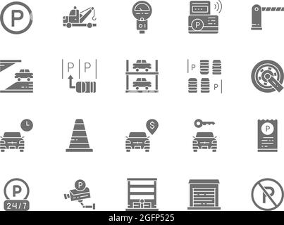 Ensemble d'icônes grises de stationnement. Camion de remorquage, verrouillage de roue de voiture, cône de circulation et plus encore. Illustration de Vecteur