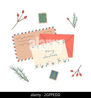 Jeu de différentes enveloppes de Noël avec courrier, timbres-poste et cartes postales, colis, illustration vectorielle plate.jeu de diverses lettres de papier artisanal. Illustration de Vecteur