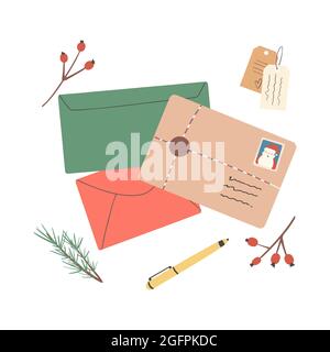 Jeu de différentes enveloppes de Noël avec courrier, timbres-poste et cartes postales, colis, illustration vectorielle plate.jeu de diverses lettres de papier artisanal. Illustration de Vecteur