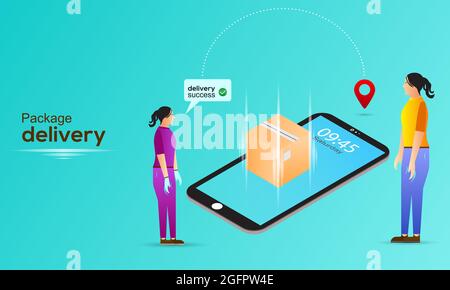 Offre de livraison en ligne rapide sur smartphone. Les femmes de livraison sont prêtes à envoyer une boîte de livraison. Éclairage de la réussite du commerce électronique Illustration de Vecteur