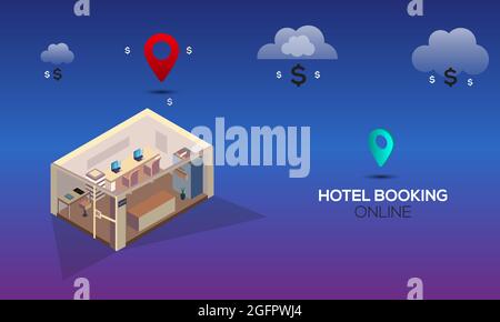 Concept de voyage et de tourisme. Application mobile d'illustration vectorielle en ligne pour la réservation d'hôtels Illustration de Vecteur