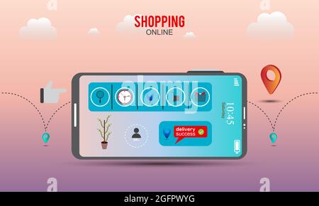 Achat en ligne smartphone App concept logistique. Boîte de livraison, panier, arbre. Concept d'achat en ligne sur fond gris blanc Illustration de Vecteur
