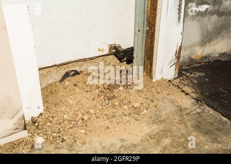 Norvège point d'entrée de Rat sous le coin de la porte de garage. Les rats tirent la saleté et les débris du tunnel à l'intérieur de la structure pour cacher leur présence. Banque D'Images