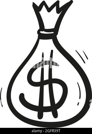 Sac d'argent dessiné à la main avec symbole dollar dans le style Doodle isolé. Illustration de Vecteur