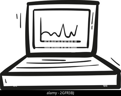 Ordinateur portable dessiné à la main avec graphique sur l'icône du moniteur dans le style doodle isolé. Illustration de Vecteur