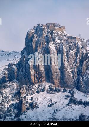 France. Aude (11) Roquefixade Château cathare sous la neige Banque D'Images