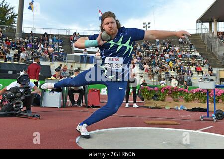 Ryan Crouser (Etats-Unis) remporte le tir mis à 74-10 (22,811 m) lors de la rencontre Athletissima Stade Olympique de la Pontaise, le jeudi 26 août 2021, à la Banque D'Images