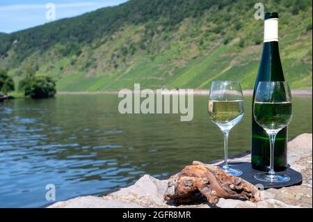 Dégustation de vin blanc sec de qualité riesling avec vue sur les pentes abruptes des vignobles en terrasse surplombant la rivière Mosel par beau temps Banque D'Images