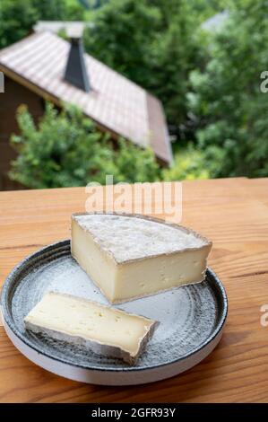 Collection de fromages, tomme de savoie et village de montagnes françaises en haute-Savoie en été en arrière-plan Banque D'Images