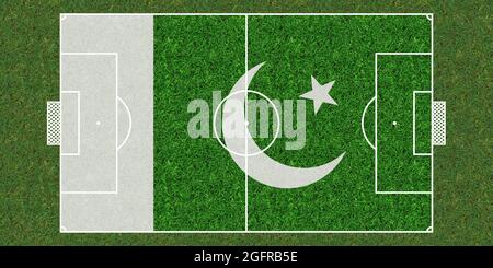 Vue de dessus du terrain de football Green Grass avec drapeau du Pakistan. Fond de football. illustration 3d, Banque D'Images