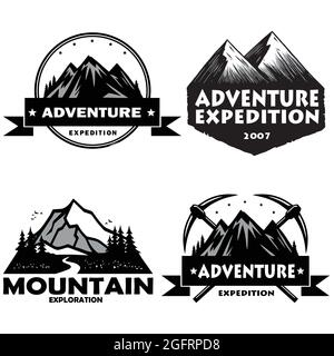 Ensemble de logos de camping, modèles, éléments de conception de vecteur, montagnes d'aventure en plein air et expéditions de forêt. Pack emblèmes et badges vintage Illustration de Vecteur