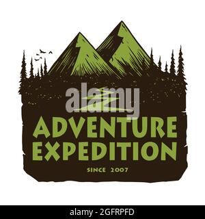 Logo pour Camping Mountain Adventure, emblèmes et insignes. Modèle d'éléments de conception d'illustrations vectorielles Camp in Forest Illustration de Vecteur