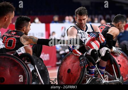 Tokyo. 26 août 2021. Royaume-Uni:.20210826, Tokyo, Japon.Jeux paralympiques de 2020 à Tokyo, .rugby en fauteuil roulant USA-Canada. Joshua Wheeler, Etats-Unis, Trevor Hirschfeldt.photo: Lars Moeller.DK:.20210826, Tokyo, Japon.Tokyo 2020 Paraviske Lege. KÃÂ¸resolsrugby USA Canada. Joshua Wheeler, Etats-Unis, Trevor Hirschfeldt.Foto: Lars MÃÂ¸ller. (Image de crédit : © Lars Moeller/ZUMA Press Wire) Banque D'Images