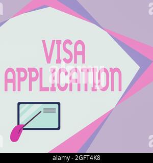 Signature manuscrite Visa application. Concept signifie un processus d'obtention d'un permis d'entrée à un étranger dessin de carte de terre avec le pointage à la main bâton à Banque D'Images