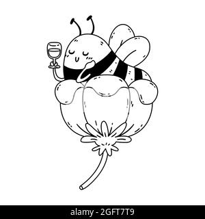 Abeille en fleur avec des lunettes de vin de nectar. L'insecte rayé se reposant pendant la pause. Illustration à caractère vectoriel isolée sur fond blanc. Illustration de Vecteur