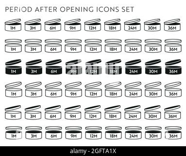 Jeu d'icônes de vecteur PAO. Période après l'ouverture des symboles. Boîte à bouchon ouvert avec période d'expiration en mois. Illustration de Vecteur