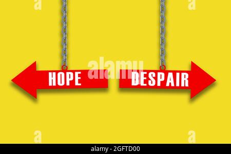 Concept d'espoir ou de désespoir avec flèche rouge accrochée avec chaîne métallique sur fond jaune . Banque D'Images