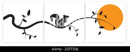 Écureuil sur la branche au coucher du soleil, vecteur. Trois pièces de décoration minimaliste. Illustration de la silhouette de l'écureuil sur un arbre isolé sur un remou blanc Illustration de Vecteur