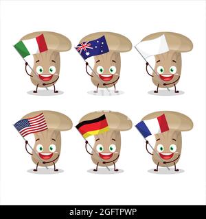 Le personnage de dessin animé Milk Mashroom apporte les drapeaux de divers pays. Illustration vectorielle Illustration de Vecteur