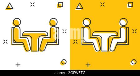L'icône de consultation d'affaires dans le style comique. Deux personnes avec table vector cartoon illustration sur fond blanc isolé. Restaurant business dialogue co Illustration de Vecteur
