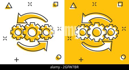 Fonctionnement icône Projet dans le style comique. Processus de cartoon vector illustration sur fond blanc isolé. Produire de la technologie de l'APLS du concept d'entreprise Illustration de Vecteur