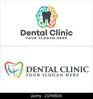 Clinique dentaire colorée avec logo de technologie de cerveau de ligne de dents d'icône Illustration de Vecteur