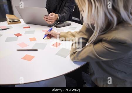 Les professionnels utilisent des notes adhésives et un ordinateur portable au bureau Banque D'Images