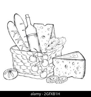 Panier pique-nique à la main avec vin, pain et fromage, gravure de style gravé illustration vectorielle isolée sur blanc. Bouteille de vin fruits et fromage i Illustration de Vecteur