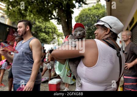 Brésil-16 février 2020 : une femme porte un chat costumé lors d'une fête de carnaval dans le centre-ville de Rio de Janeiro.Cat en casquette rouge regarde directement la caméra Banque D'Images