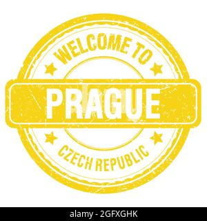 BIENVENUE À PRAGUE - RÉPUBLIQUE TCHÈQUE, mots écrits sur timbre jaune grungy Banque D'Images