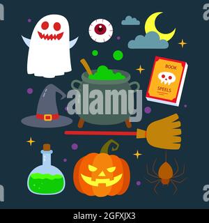 Illustration vectorielle de l'ensemble d'éléments d'halloween plats dessinés à la main. Illustration de Vecteur