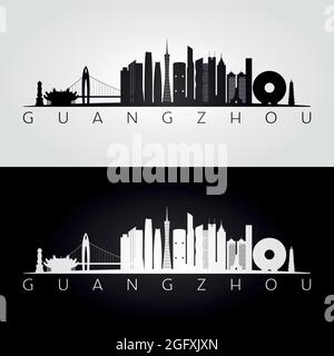 Silhouette des gratte-ciel et des points de repère de Guangzhou, design noir et blanc, illustration vectorielle. Illustration de Vecteur
