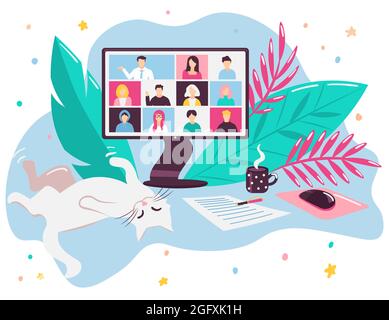 Travailler à domicile appel de vidéoconférence à l'aide d'une application comme Zoom pendant le verrouillage. Chat regardant une réunion vidéo. Illustration de Vecteur