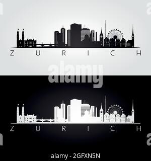 Silhouette des gratte-ciel et des repères de Zurich, design noir et blanc, illustration vectorielle. Illustration de Vecteur