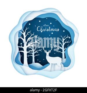 Illustration de l'art papier, cerf dans une forêt enneigée. Joyeux Noël et Bonne Année. Concept d'origami. Illustration vectorielle. Illustration de Vecteur