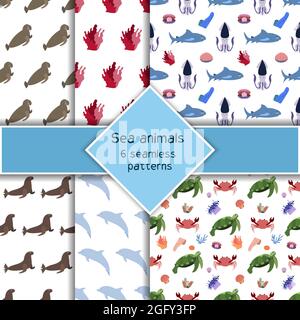 Ensemble composé de six animaux marins sans coutures avec requin, calmar et tortue, dauphin de crabe. Imprimé habitants du monde sous-marin. Collection de vie sous-marine dessinées à la main. Drôle de personnage de dessin animé d'animaux marins Illustration de Vecteur