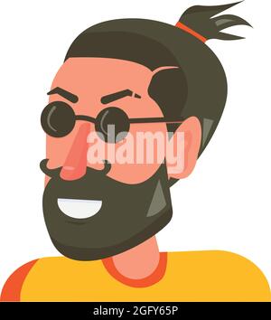 Personnage de taille basse Vector avec barbe. Plat, en carton portrait.Homme portant des lunettes de soleil rondes et un élastique bande.résident de ville. Blanc Illustration de Vecteur
