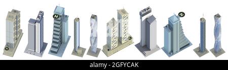 Ensemble de grands bâtiments abstraits détaillés avec conception fictive et reflet bleu du ciel - isolé, vue d'oiseaux 3d illustration des gratte-ciels Banque D'Images