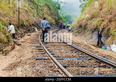 IDALGASHINNA, SRI LANKA - 16 JUILLET 2015 : les travailleurs maintiennent une voie ferroviaire entre Idalgashinna et Haputale. Banque D'Images