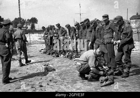 La libération de Honfleur, Normandie, France pendant la seconde guerre mondiale. 26 août 1944. Des soldats britanniques et canadiens foutent de jeunes soldats allemands après leur reddition. Banque D'Images