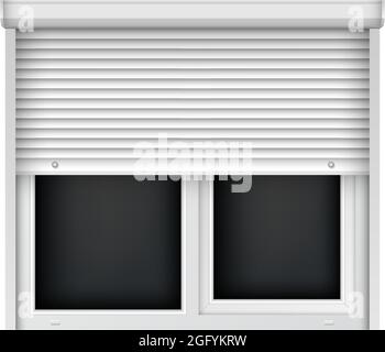 Double fenêtre en plastique avec store à moitié ouvert. Volet à roulettes blanc réaliste pour vitre en verre. Grande fenêtre fermée, vue extérieure pour la décoration intérieure Illustration de Vecteur